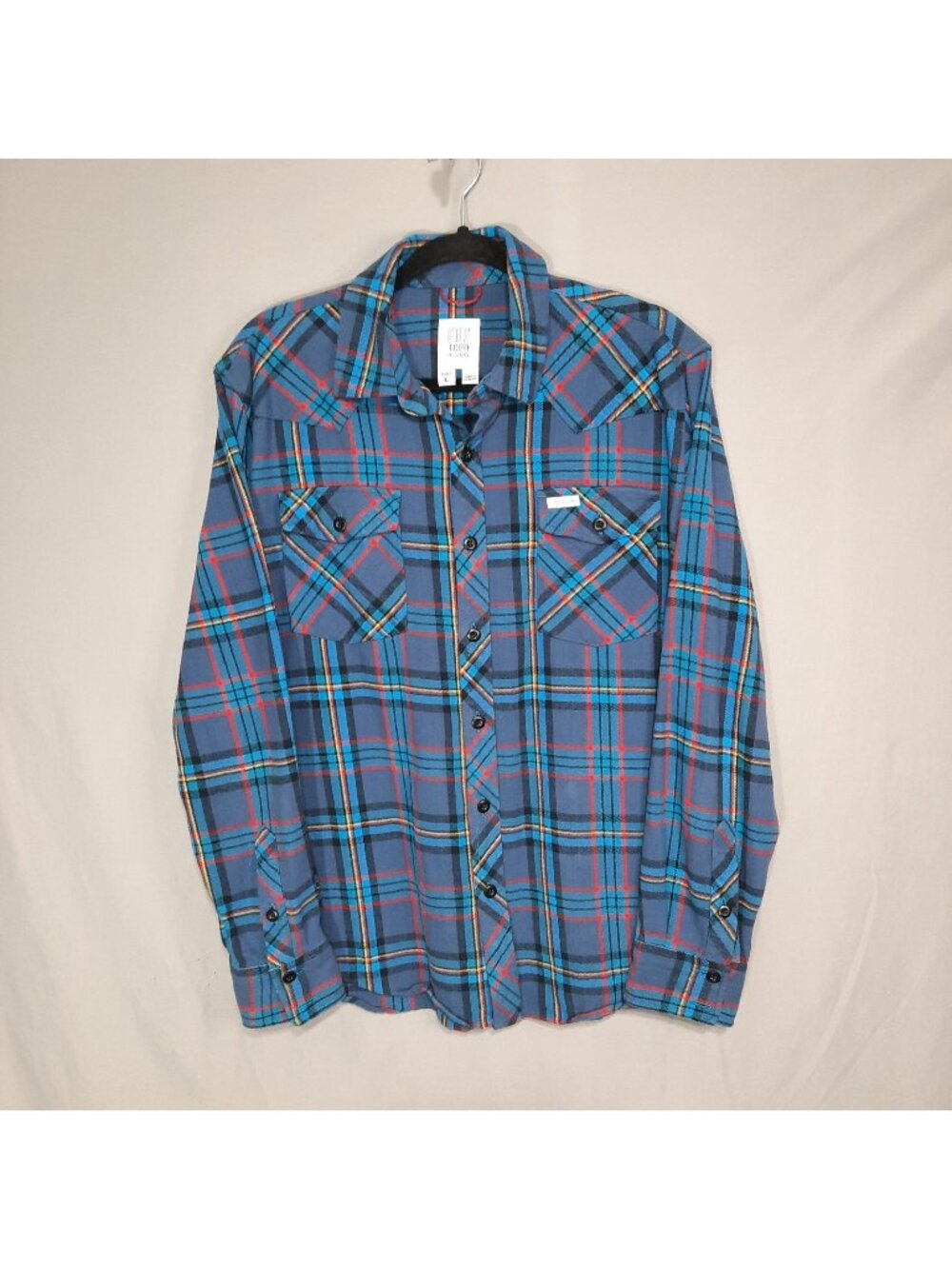 Topo Designs Mountain Shirt Mens Large L Blue Plaid Flannel Button Up Shacket